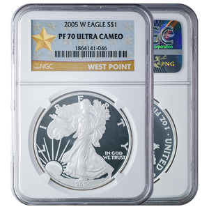 2005 Silver Eagle MS70 Ultra Cameo "Gold Star Label" NGC