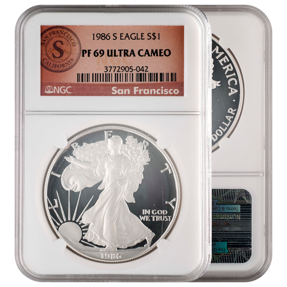 1986-S & 1987-S Silver Eagle Ultra Cameo San Francisco Label NGC