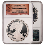 1988-S-1992-S Silver Eagle PF69 Ultra Cameo San Francisco Label