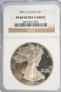 1991-S Silver Eagle PF69 Ultra Cameo Brown Label NGC